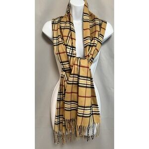 V. Fraas Cashmink Fringe Scarf Nova Check Print Soft Tan Red Black White Women's